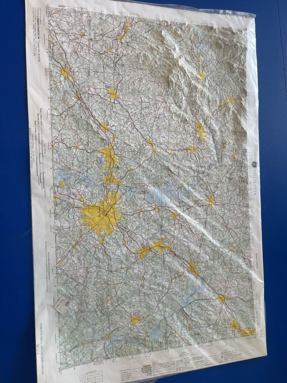 Vintage 1974 Hubbard 3D Raised Relief Map Charlotte NC SC Topo NI 17-2